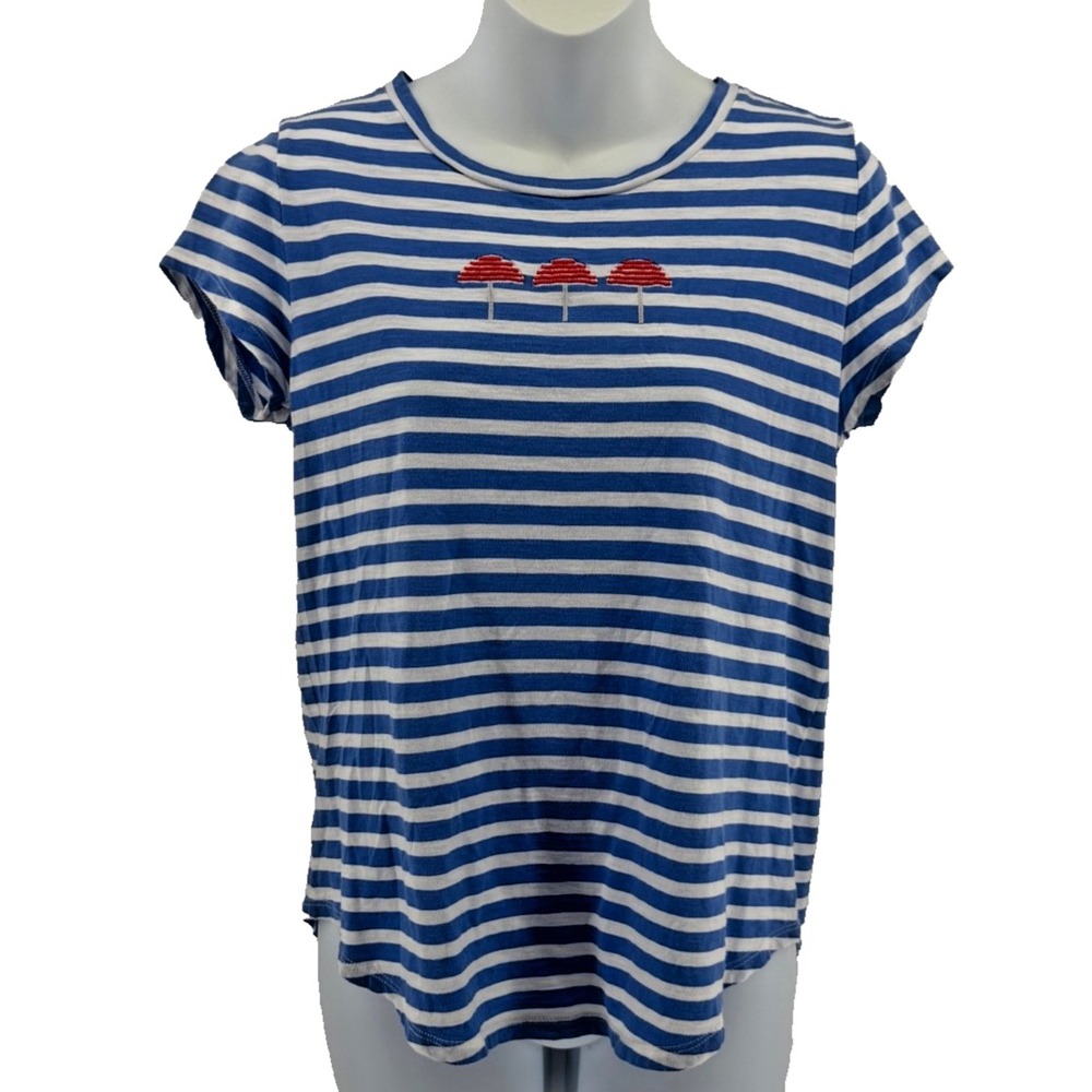 LOFT Beach Umbrella Stripe Tee Women's Medium Blue White Cotton Nautical Top